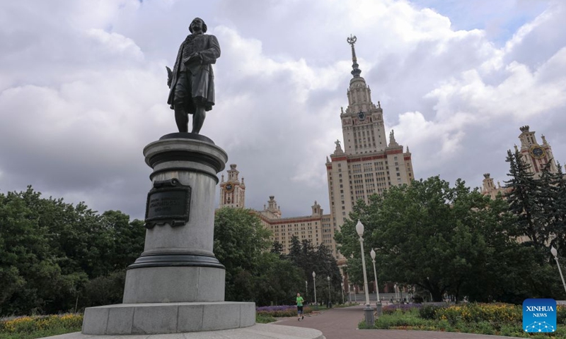 This photo taken on July 7, 2026 shows the main building of Moscow State University and the statue of Lomonosov in Moscow, Russia. (Photo: Xinhua)