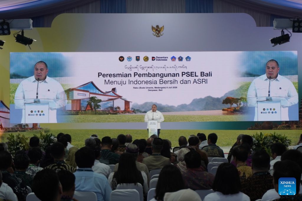 Pandu Sjahrir, chief investment officer of Danantara Indonesia, the country's investment management agency, delivers a speech during the groundbreaking ceremony of Bali's first waste-to-energy project in Bali, Indonesia, July 8, 2026. Indonesia's world-renowned resort island of Bali on Wednesday broke ground on the Denpasar Raya waste-to-energy plant, marking a major milestone in the island's efforts to improve waste management and expand renewable energy generation. (Photo: Xinhua)