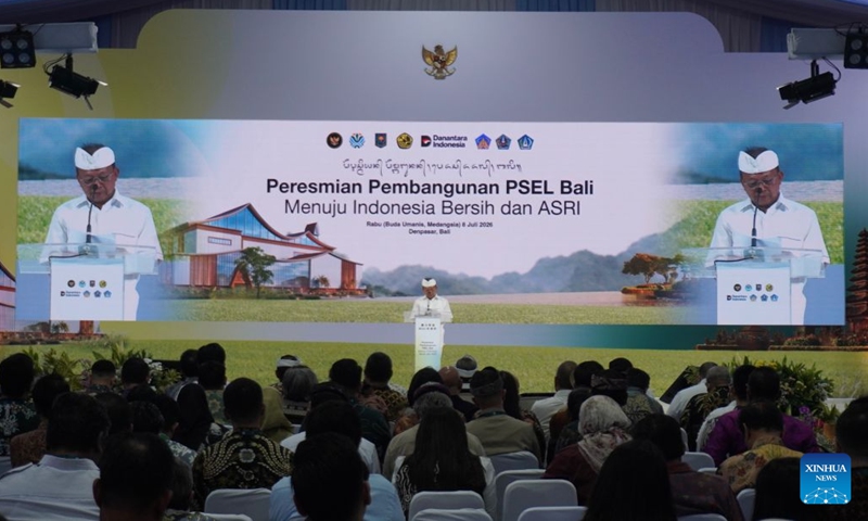 Bali Governor Wayan Koster delivers a speech during the groundbreaking ceremony of Bali's first waste-to-energy project in Bali, Indonesia, July 8, 2026. Indonesia's world-renowned resort island of Bali on Wednesday broke ground on the Denpasar Raya waste-to-energy plant, marking a major milestone in the island's efforts to improve waste management and expand renewable energy generation. (Photo: Xinhua)