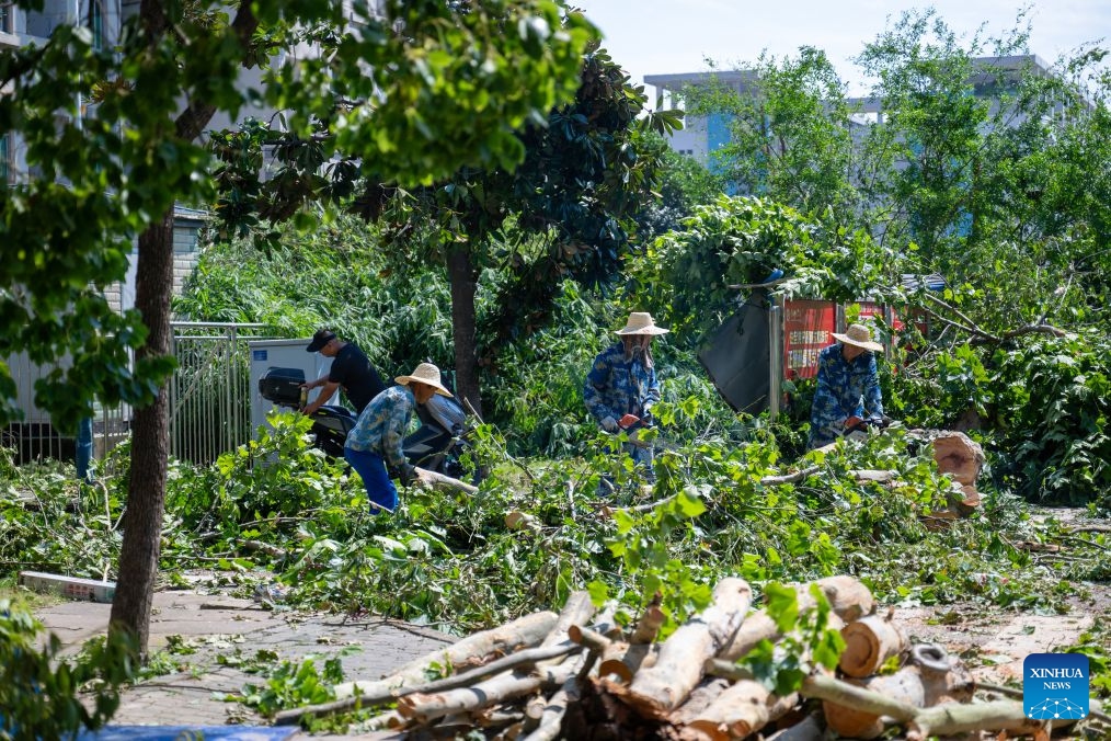 Staff members remove fallen trees in Huanggang Normal University of Huanggang City in central China's Hubei Province, July 8, 2026. A tornado struck the urban area of Huanggang City on Monday, causing damage to multiple buildings of Huanggang Normal University. Following the disaster, the university immediately carried out emergency response overnight. On Tuesday, the university started to evacuate students in batches from the campus. Currently, all resettlement and restoration efforts are progressing in an orderly manner. (Photo: Xinhua)
