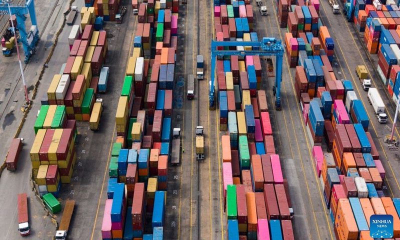 An aerial drone photo taken on July 8, 2026 shows containers at the Port of Mombasa in Mombasa, Kenya. The Port of Mombasa, located on Kenya's southeastern coast along the Indian Ocean, is the largest port in East Africa. (Photo: Xinhua)