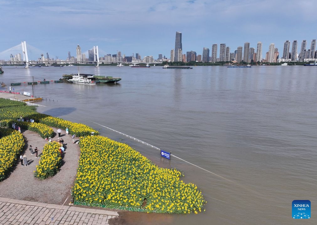 A drone photo taken on July 8, 2026 shows water overflowing the guardrail of a waterside tourist platform at a levee along the Yangtze River in Wuchang District of Wuhan, central China's Hubei Province. Affected by heavy rainfall, the water level in Wuhan section of the Yangtze River rose obviously on Wednesday. The water level at the Yangtze Hankou monitoring station reached 25.11 meters, 0.11 meters above the warning mark. (Photo: Xinhua)
