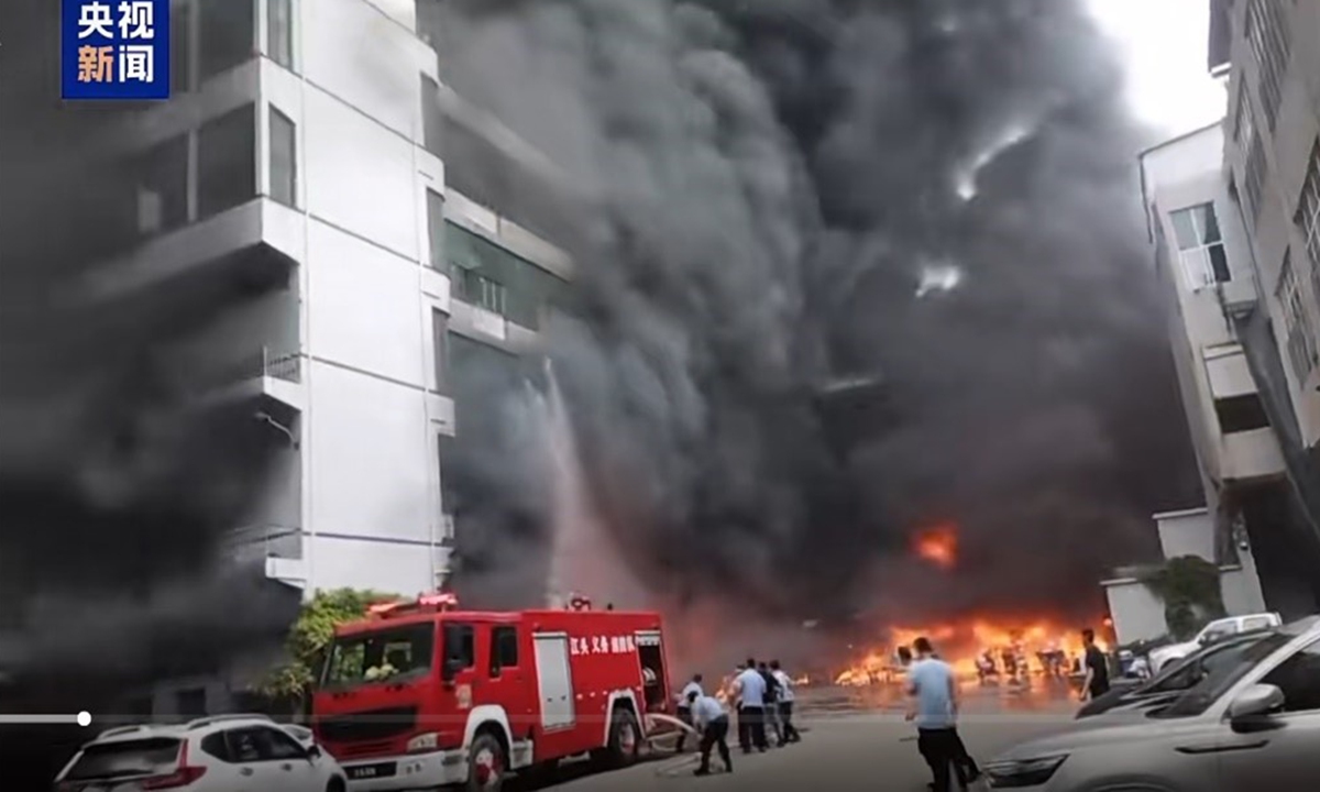 A fire breaks out at a shoe factory in Jinjiang, Southeast China's Fujian Province on July 9, 2026. Photo: Screenshot from CCTV