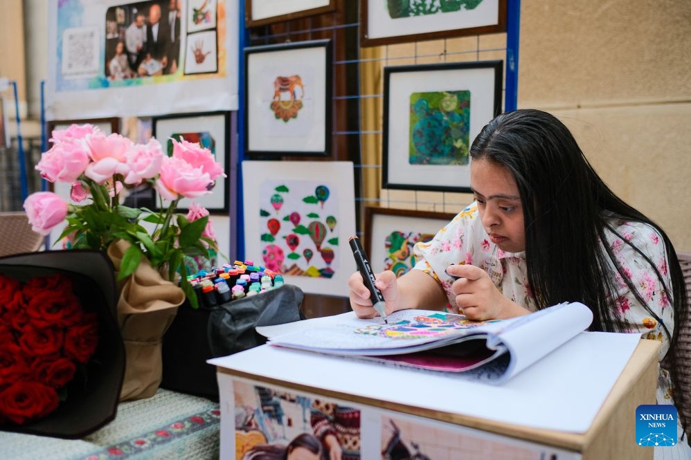 An artist paints in downtown Cairo, Egypt, July 9, 2026. Egypt's government recently launched the Street of Art initiative, aiming to transform the streets and squares of the capital, Cairo, into open-air cultural spaces. Every Thursday through Saturday evening, the public can enjoy free cultural activities such as poetry readings, musical performances, and visual art exhibitions, attracting active participation from both citizens and tourists. (Xinhua/Xin Mengchen)