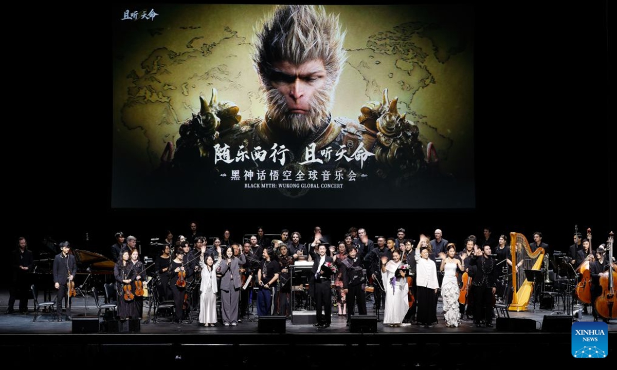 The Black Myth: Wukong concert is held at the Peacock Theater in downtown Los Angeles, California, the United States on July 7, 2026. Music from the internationally acclaimed Chinese video game Black Myth: Wukong filled the Peacock Theater in downtown Los Angeles on Tuesday night, drawing thousands of fans to experience the unique fusion of Chinese mythology and Eastern aesthetics. (Photo by Qiu Chen/Xinhua)
