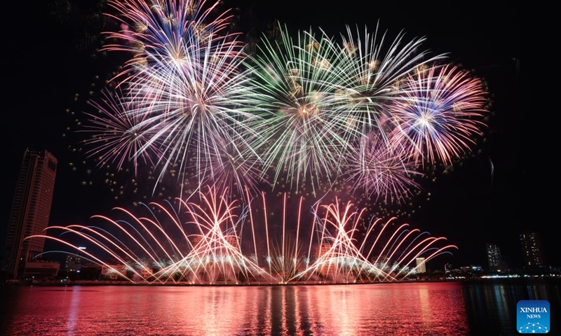 This photo taken on July 11, 2026 shows fireworks presented by the Portuguese team in Da Nang, Vietnam. Vietnam's Da Nang International Fireworks Festival (DIFF) 2026 concluded in the central city of Da Nang on Saturday night with a grand finale. (Xinhua/Liu Ying)