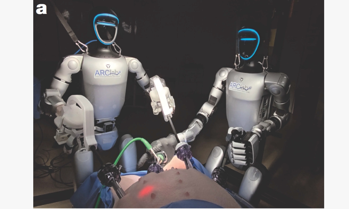 Unitree's G1 humanoid robots perform live porcine laparoscopic cholecystectomies. Photo: Screenshot of a study published in Nature
