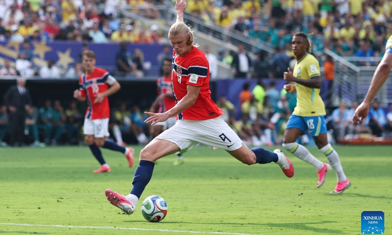 Erling Haaland of Norway scores with a shot during the round of 16 match between Brazil and Norway at the 2026 FIFA World Cup at the New York New Jersey Stadium, the US, July 5, 2026. Photo: Xinhua