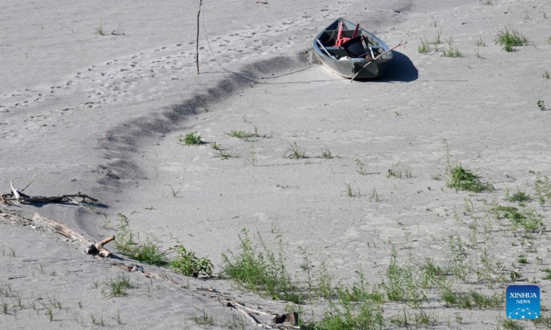 This photo taken on July 12, 2026 shows a view of the drought-stricken Po River in Revere, Mantova, northern Italy. According to the Po River Basin Authority, the Po River basin continues to face severe drought conditions as a result of the persistent heatwave and continued absence of rainfall. (Photo by Alberto Lingria/Xinhua)