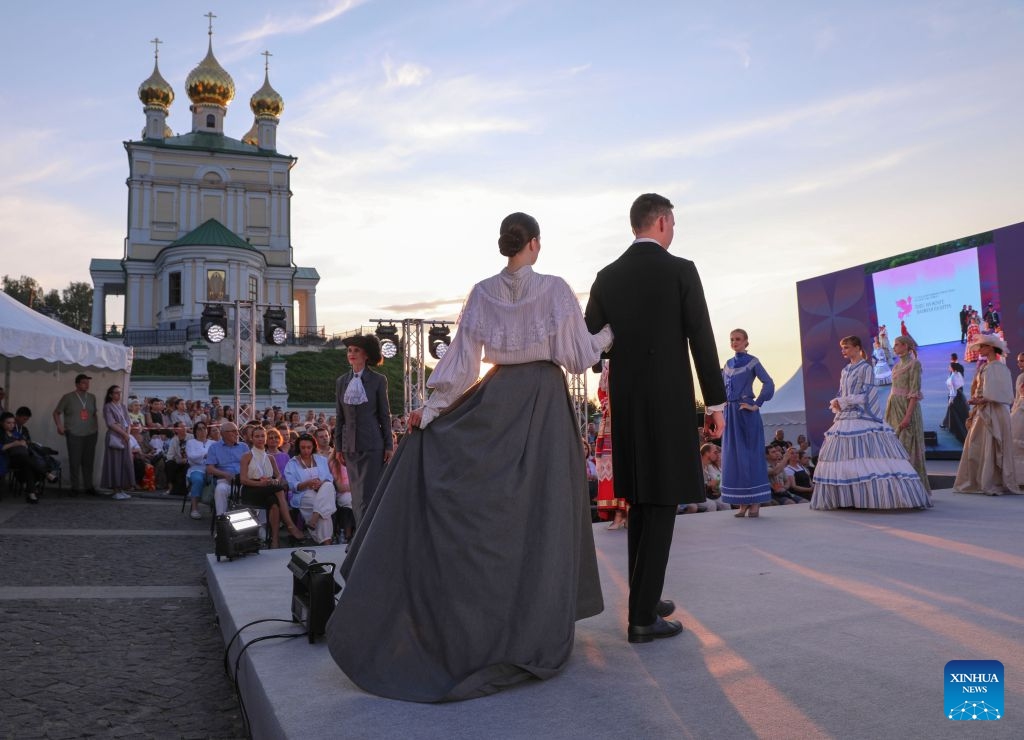 Models present creations during a fashion show in Plyos, Russia, on July 11, 2026.
The fashion show held here Saturday night along the Volga River featured designs by designers from different countries such as Russia, Belarus and Kazakhstan. (Xinhua/Zheng Yue)