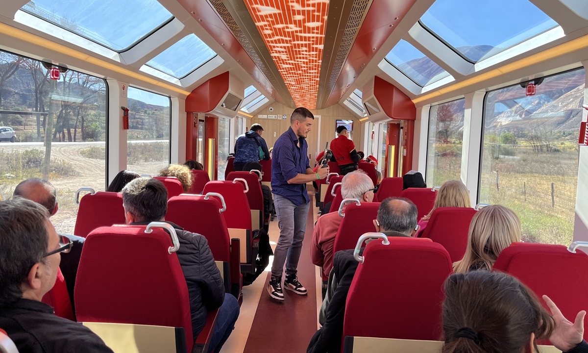 A new-energy light rail train developed by CRRC Tangshan Co., Ltd. carries tourists through the mountains in northern Argentina. Photo: Courtesy of CRRC Tangshan Co., Ltd.