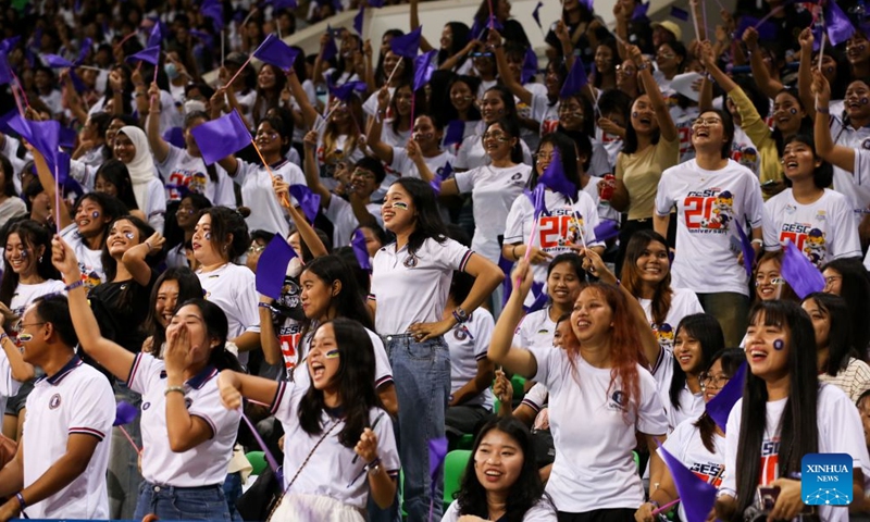 Students cheer during a friendly sports competition at the National Indoor Stadium (1) in Yangon, Myanmar, July 12, 2026. (Xinhua/Myo Kyaw Soe)