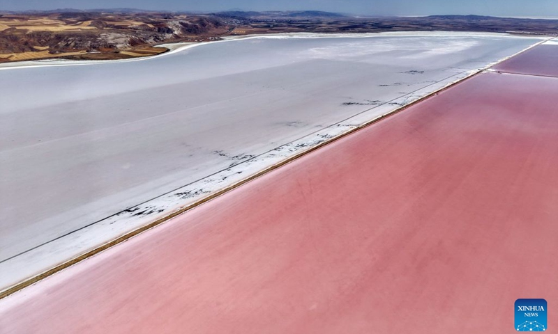 An aerial drone photo taken on July 14, 2026 shows a view of Tuz Golu in Türkiye. Tuz Golu is a salt lake in Türkiye. (Photo: Xinhua)