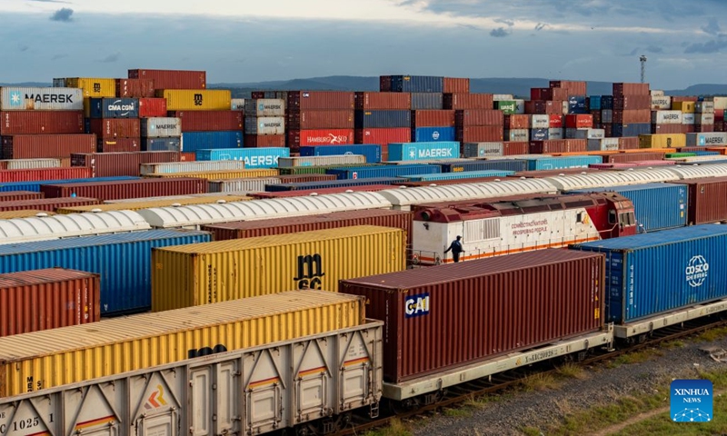 This photo taken on July 10, 2026 shows a cargo train on the Mombasa-Nairobi Standard Gauge Railway (SGR) entering Port Reitz Station in Mombasa, Kenya. Effective May 1, China has implemented a zero-tariff policy on products from 53 African countries with which it maintains diplomatic relations. (Photo: Xinhua)