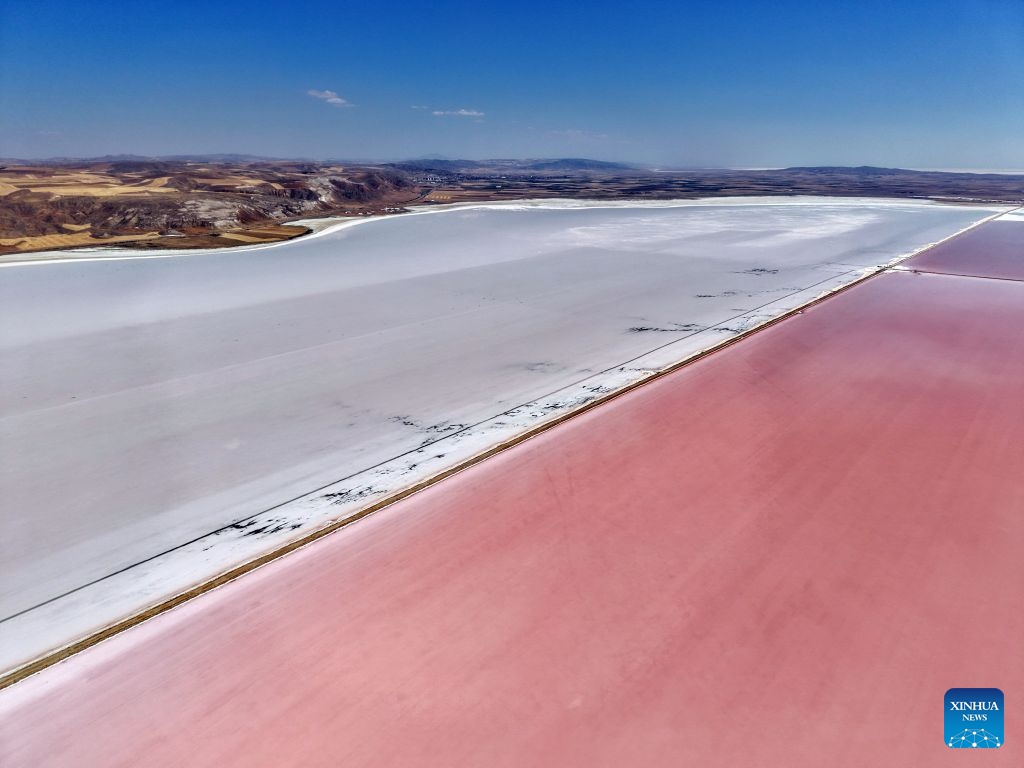 An aerial drone photo taken on July 14, 2026 shows a view of Tuz Golu in Türkiye. Tuz Golu is a salt lake in Türkiye. (Photo: Xinhua)