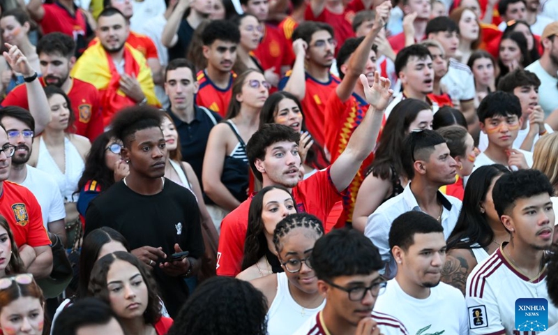 Fans of Team Spain watch the live broadcast of the 2026 FIFA World Cup semifinal match between France and Spain in Madrid, Spain, July 14, 2026. (Photo: Xinhua)
