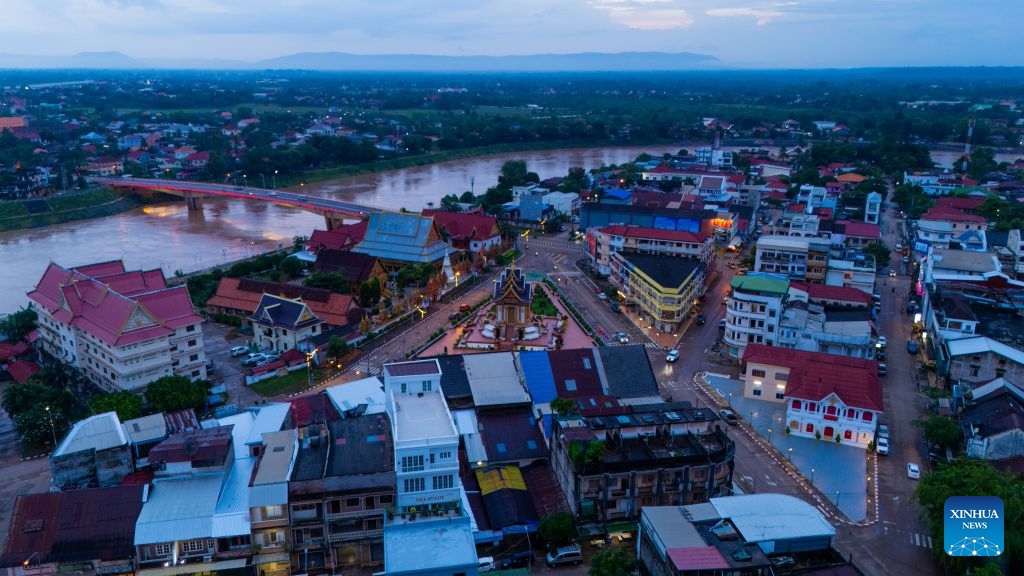 An aerial photo taken on July 14, 2026 shows a view of Pakse city in Champasak Province, Laos. Pakse, the capital of Champasak Province, serves as a major economic and transportation hub in southern Laos. (Photo: Xinhua)