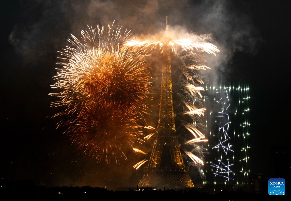 Fireworks illuminate the sky near the Eiffel Tower during the Bastille Day celebrations in Paris, France, on July 13, 2026. (Photo: Xinhua)