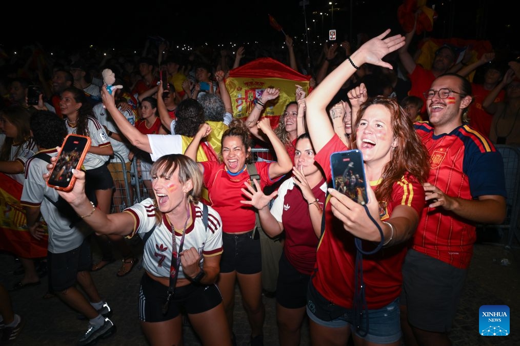 Fans of Team Spain celebrate while watching the live broadcast of the 2026 FIFA World Cup semifinal match between France and Spain in Madrid, Spain, July 14, 2026. (Photo: Xinhua)