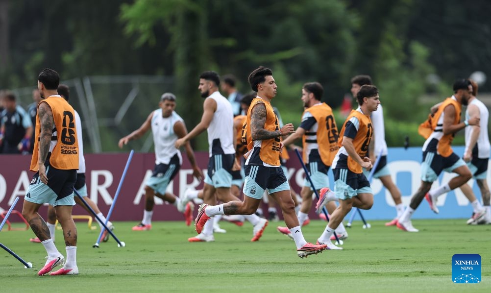 Players of Team Argentina attend a training session ahead of the semifinal match between Argentina and England at the 2026 FIFA World Cup in Marietta, Georgia, the United States, on July 14, 2026. (Photo: Xinhua)
