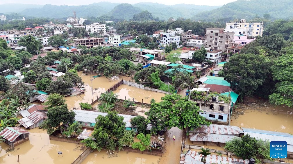 An aerial drone photo taken on July 12, 2026 shows a flood-affected area in Bandarban, Bangladesh. Floods that have swept parts of Bangladesh for about a week have killed 51 people, said a senior official on Sunday. (Photo: Xinhua)