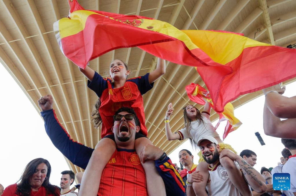 Fans of Team Spain celebrate after the semifinal match of the 2026 FIFA World Cup between France and Spain at the FIFA Fan Festival in Vancouver, Canada, July 14, 2026. Thousands of football fans gathered at the FIFA Fan Festival to watch the first semifinal of the 2026 FIFA World Cup. Spain defeated France 2-0 to advance to the World Cup final. (Photo: Xinhua)
