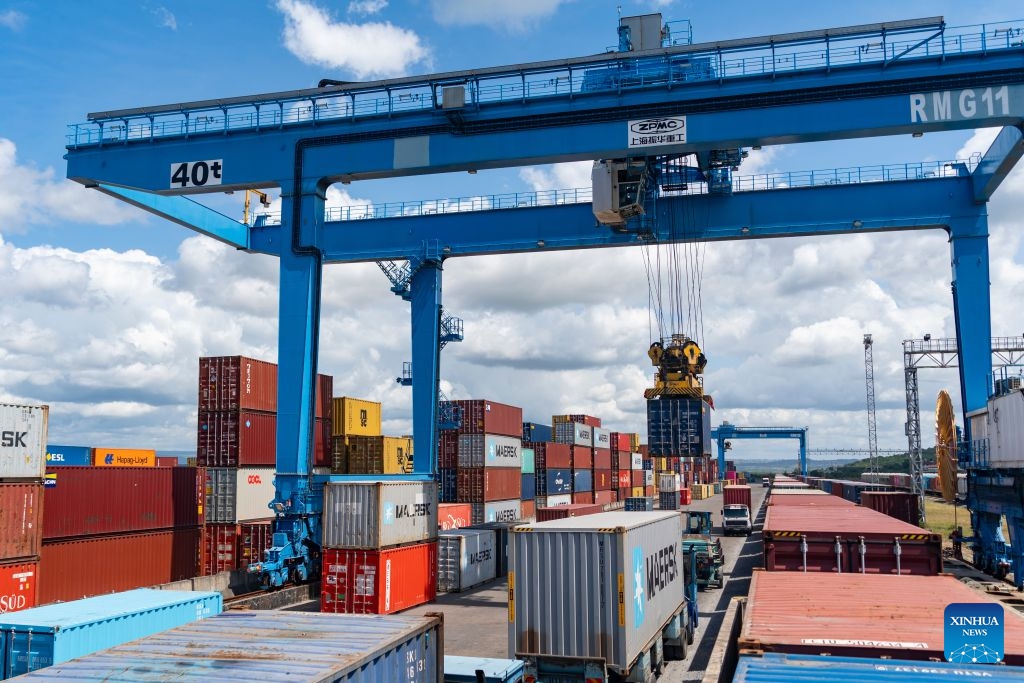 A crane hoists a container at Port Reitz Station on the Mombasa-Nairobi Standard Gauge Railway (SGR) in Mombasa, Kenya, July 9, 2026. (Photo: Xinhua)