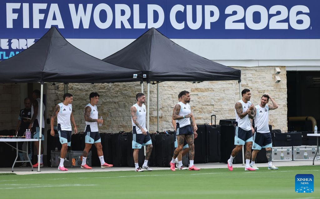 Players of Team Argentina attend a training session ahead of the semifinal match between Argentina and England at the 2026 FIFA World Cup in Marietta, Georgia, the United States, on July 14, 2026. (Photo: Xinhua)