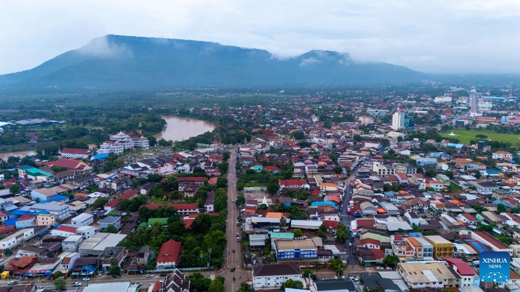 An aerial photo taken on July 14, 2026 shows a view of Pakse city in Champasak Province, Laos. Pakse, the capital of Champasak Province, serves as a major economic and transportation hub in southern Laos. (Photo: Xinhua)
