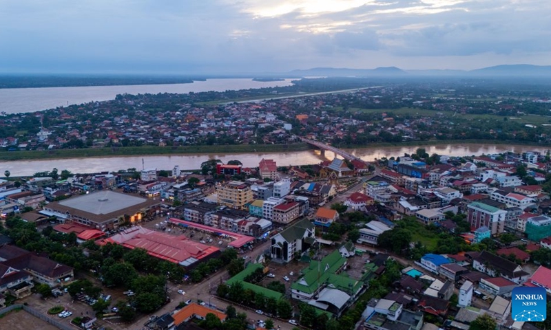 An aerial photo taken on July 14, 2026 shows a view of Pakse city in Champasak Province, Laos. Pakse, the capital of Champasak Province, serves as a major economic and transportation hub in southern Laos. (Photo: Xinhua)