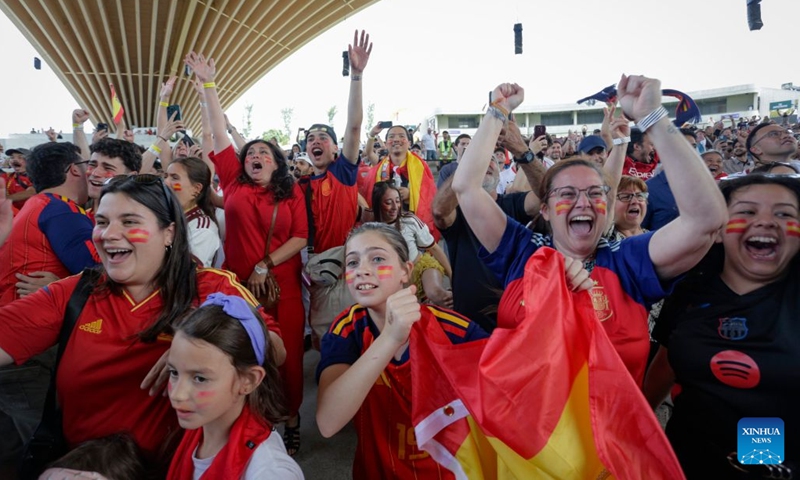 Fans of Team Spain celebrate after the semifinal match of the 2026 FIFA World Cup between France and Spain at the FIFA Fan Festival in Vancouver, Canada, July 14, 2026. Thousands of football fans gathered at the FIFA Fan Festival to watch the first semifinal of the 2026 FIFA World Cup. Spain defeated France 2-0 to advance to the World Cup final. (Photo: Xinhua)