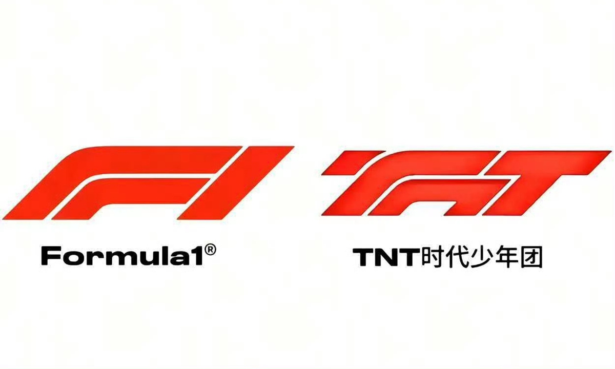 A screenshot circulating on Chinese social media compares the Formula One (F1) logo (left) with the logo used for the Teens in Times concert tour 
