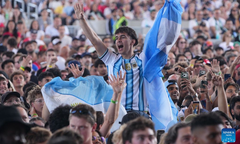 A fan of Team Argentina reacts after the semifinal match of the 2026 FIFA World Cup between Argentina and England at the FIFA Fan Festival in Vancouver, Canada, July 15, 2026. Thousands of football fans gathered at the FIFA Fan Festival to watch the second semifinal of the 2026 FIFA World Cup. Argentina defeated England 2-1 to advance to the World Cup final. (Photo: Xinhua)