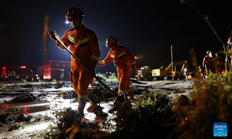 Rescue operations are underway at the flood-hit area in Weiyuan County, northwest China's Gansu Province, July 26, 2026. 