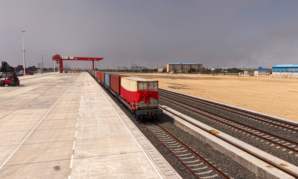 The first freight train, carrying 55 standard containers from East China's Zhejiang Province, arrives at phase I operation area of the Aktau Container Hub at the Port of Aktau, Kazakhstan on July 14, 2026. Photo: Courtesy of Port of Lianyungang