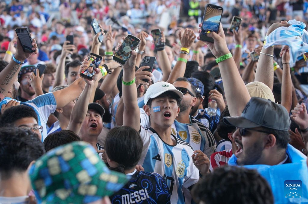 Fans of Team Argentina celebrate after the semifinal match of the 2026 FIFA World Cup between Argentina and England at the FIFA Fan Festival in Vancouver, Canada, July 15, 2026. Thousands of football fans gathered at the FIFA Fan Festival to watch the second semifinal of the 2026 FIFA World Cup. Argentina defeated England 2-1 to advance to the World Cup final. (Photo: Xinhua)