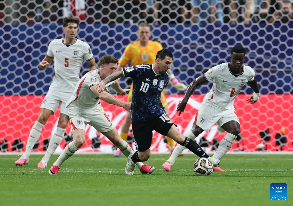 Lionel Messi (C) of Argentina vies for the ball during the semifinal match between Argentina and England at the 2026 FIFA World Cup at Atlanta Stadium in Atlanta, the United States, July 15, 2026. (Photo: Xinhua)