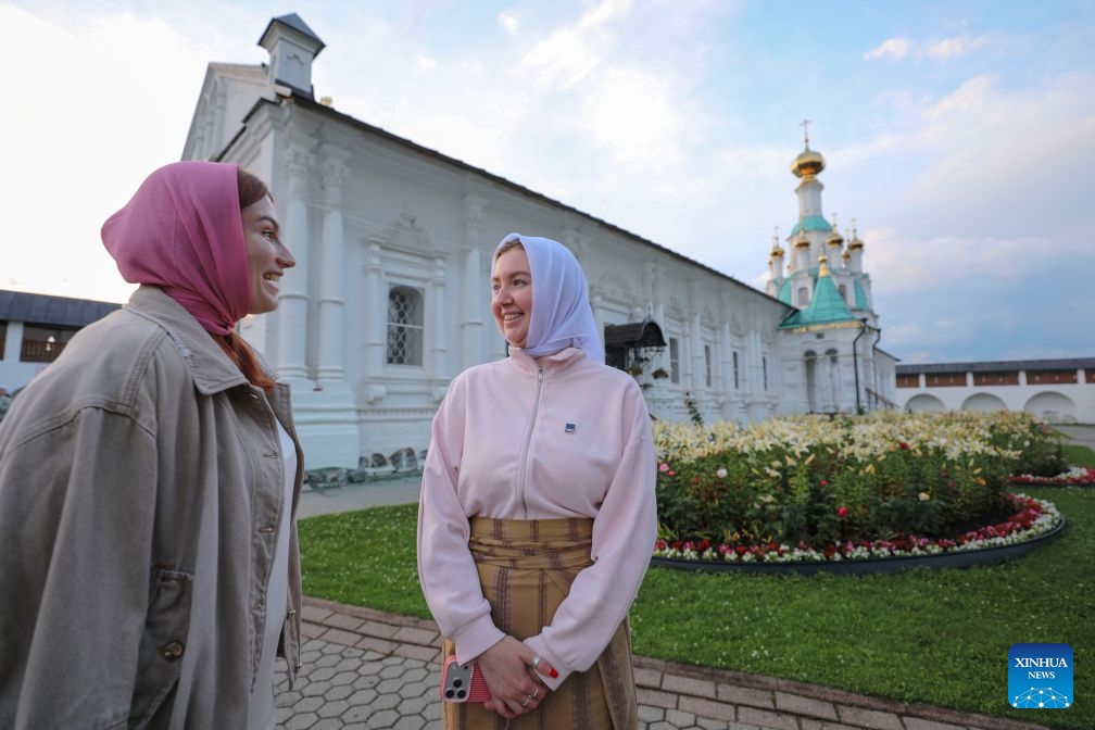 Women chat with each other at a women's convent in Yaroslavl, Russia, July 9, 2026. Russia's Golden Ring is a cultural and tourism route surrounding the capital of Moscow, which brings the history and culture, architectural art, folk customs and natural scenery of Russia to its viewers. (Photo: Xinhua)