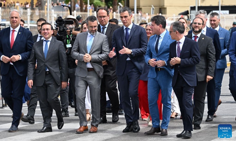 Spanish Prime Minister Pedro Sanchez (3rd R, front) comes to the site of the lifting of routine border checks at the land border crossing between Gibraltar and Spain, on July 15, 2026. (Photo: Xinhua)