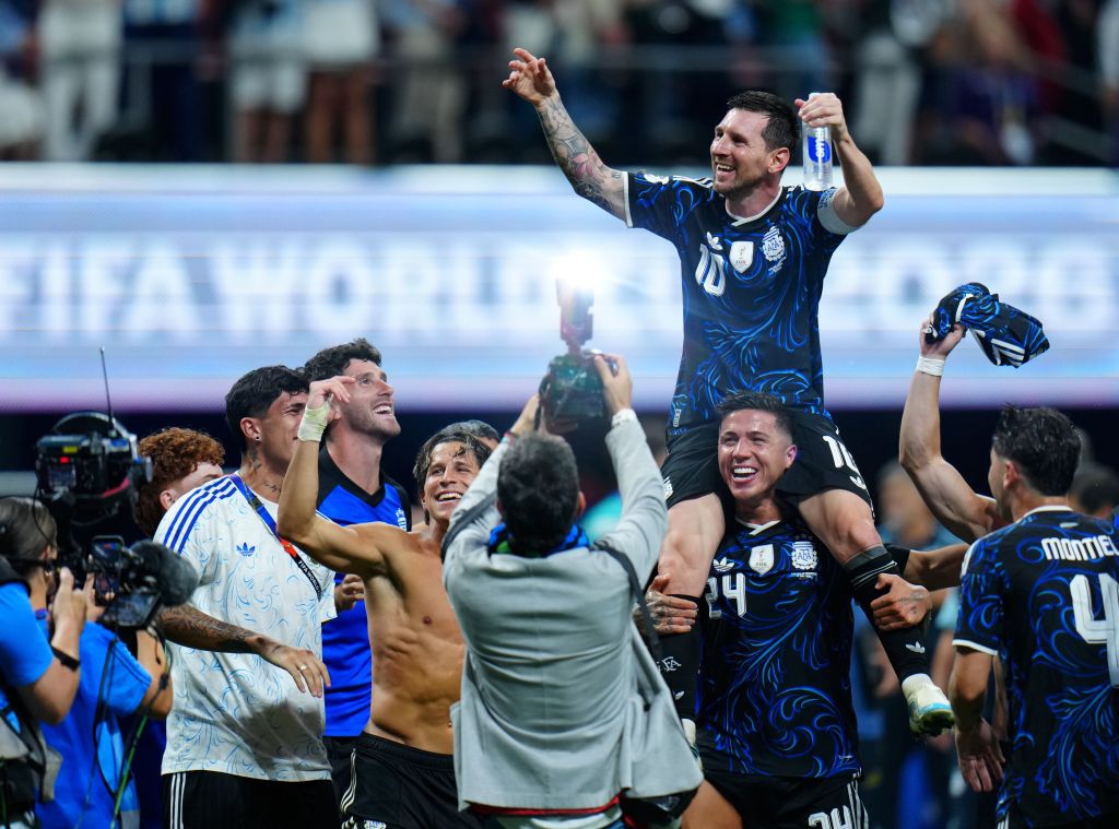 Lionel Messi (top) of Argentina celebrates victory after the semifinal match between Argentina and England at the 2026 FIFA World Cup at Atlanta Stadium in Atlanta, the United States, July 15, 2026. (Photo: Xinhua)