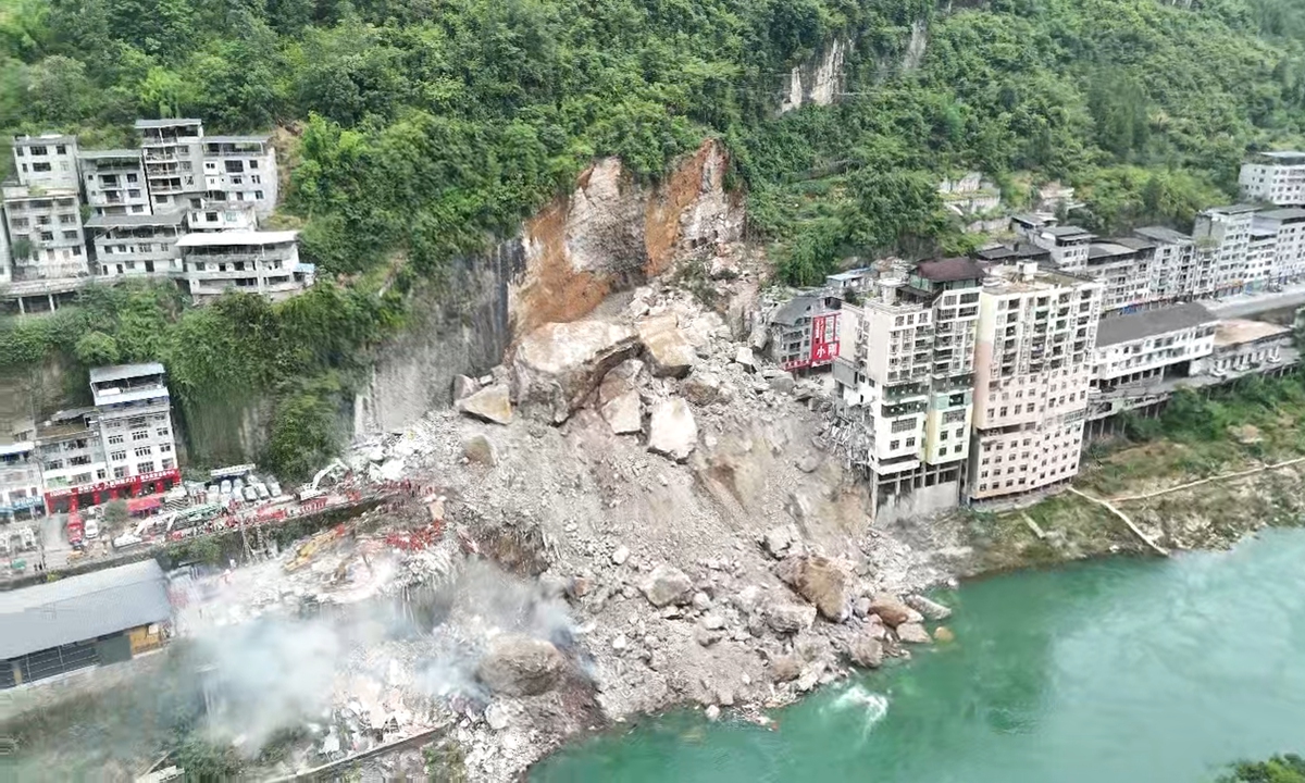 An aerial view shows the site of a landslide in Hanjia subdistrict, Pengshui, Southwest China's Chongqing Municipality. Photo: Courtesy of the China Anneng Chongqing rescue team