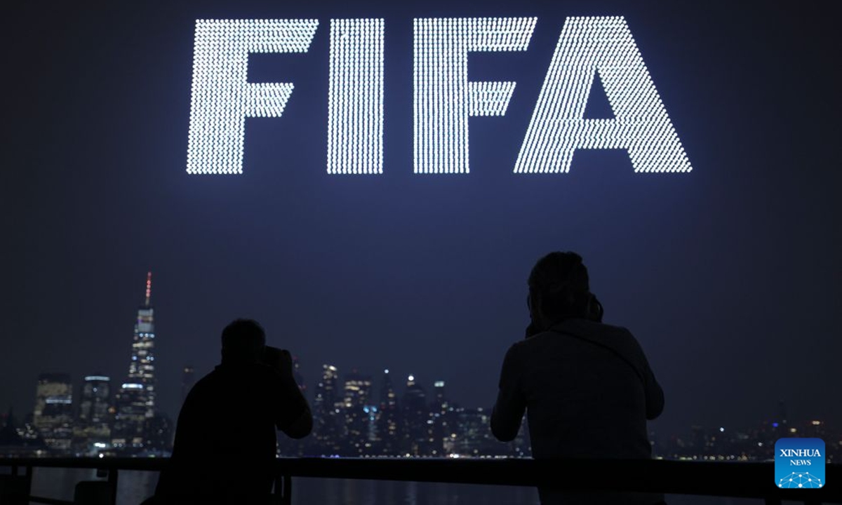 A drone show featuring the FIFA World Cup 2026 is displayed with the Manhattan skyline in the back drop in New Jersey, the United States, on July 15, 2026. (Xinhua/Xu Zijian)