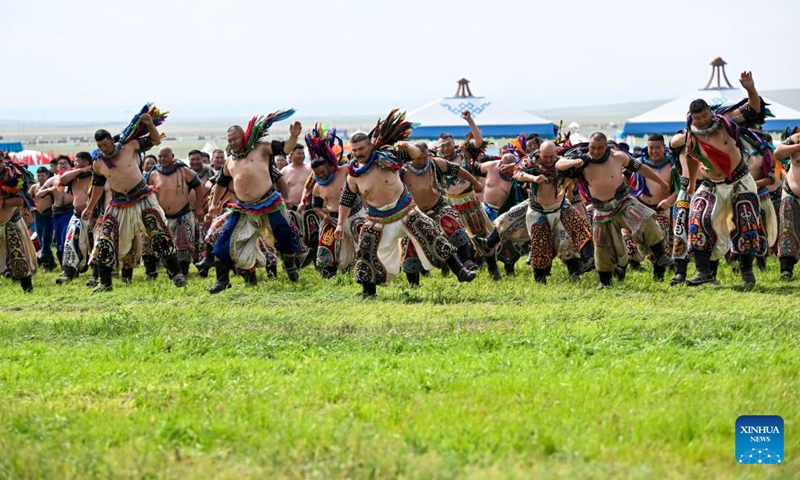 Actors perform at the opening ceremony of the 36th Naadam festival in Xilin Gol League, north China's Inner Mongolia Autonomous Region, July 18, 2026. The Naadam festival kicked off here on Saturday. Naadam, usually held in mid-summer and sometimes in winter in pastoral areas of Inner Mongolia, means games in the Mongolian language. It often comprises wrestling, archery, and horse racing, also known as the Three Games of Men. (Photo: Xinhu)