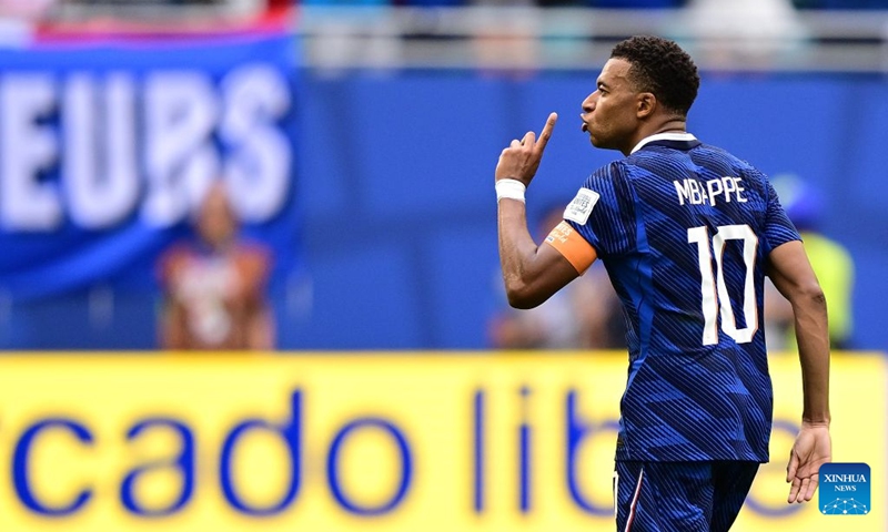Kylian Mbappe of France celebrates his goal during the bronze final match between France and England at the 2026 FIFA World Cup in Miami, the United States, July 18, 2026. (Xinhua/Chen Yichen)