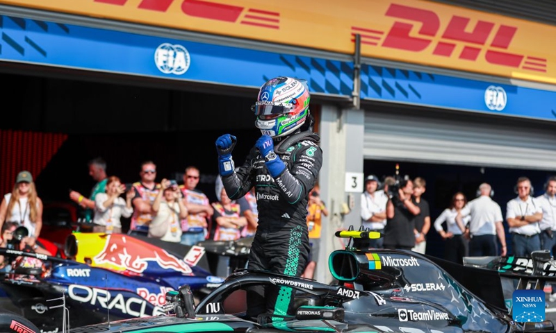 Mercedes' Italian driver Kimi Antonelli celebrates his pole position after the Qualifying of the Formula One Belgian Grand Prix at the Spa-Francorchamps circuit in Stavelot, Belgium, on July 18, 2026. (Photo by Bao Di/Xinhua)