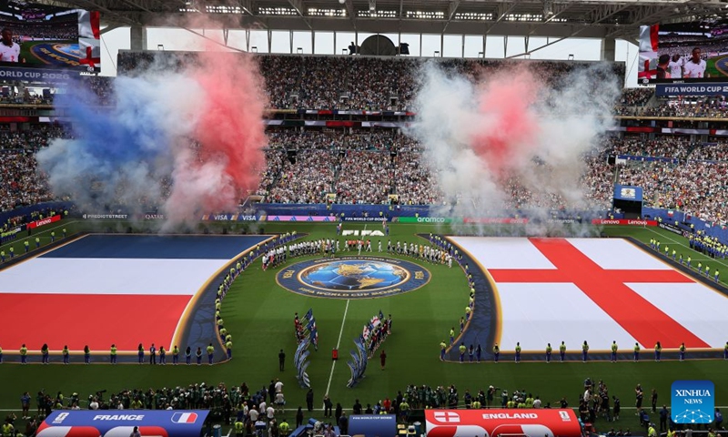 Referees, players of France and England are seen before the bronze final match between France and England at the 2026 FIFA World Cup in Miami, the United States, July 18, 2026. (Xinhua/Zhang Fengguo)