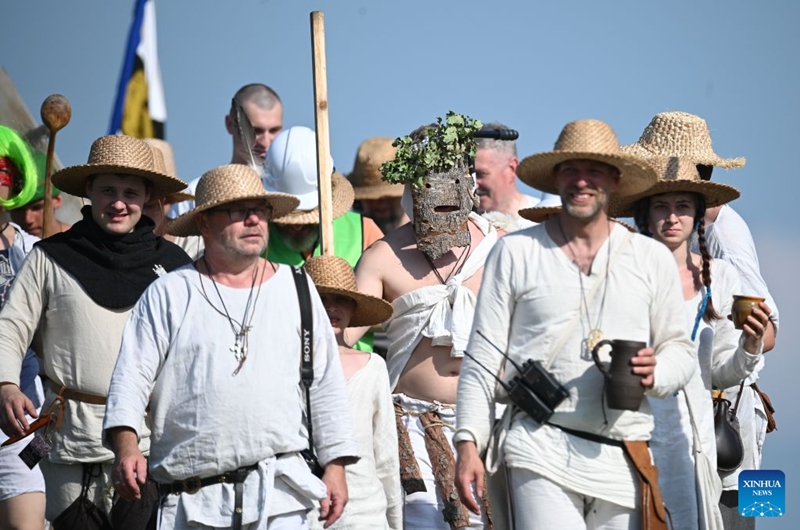 People in costumes are seen during the Grunwald Days festival in Grunwald, Poland, on July 17, 2026. The annual Grunwald Days festival commemorates the Battle of Grunwald in 1410, which is regarded as one of the most important battles in Polish history. The festival runs from Wednesday through Sunday this year. (Photo by Alexey Vitvitsky/Xinhua)