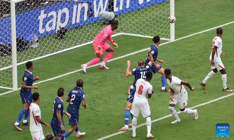 Mike Maignan (top), goalkeeper of France, fails to make a save during the bronze final match between France and England at the 2026 FIFA World Cup in Miami, the United States, July 18, 2026. (Xinhua/Zhang Fengguo)
