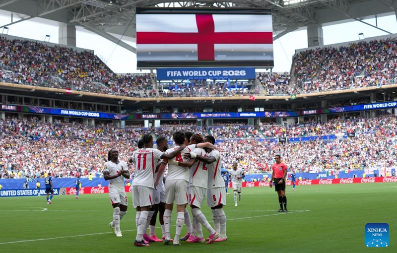Players of England celebrate a goal during the bronze final match between France and England at the 2026 FIFA World Cup in Miami, the United States, July 18, 2026. (Xinhua/Hu Xingyu)