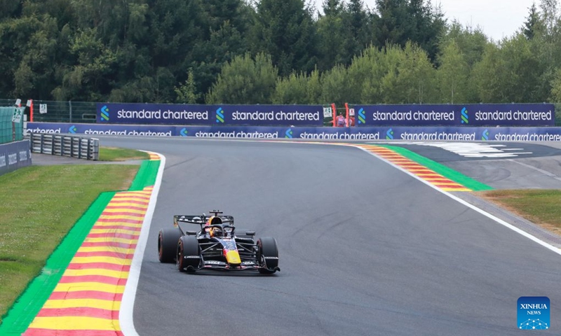 Red Bull's Dutch driver Max Verstappen competes during the Qualifying of the Formula One Belgian Grand Prix at the Spa-Francorchamps circuit in Stavelot, Belgium, on July 18, 2026. (Photo by Bao Di/Xinhua)